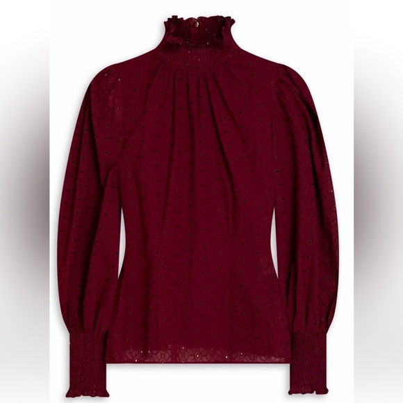 Veronica Beard Gaia Eyelet Smocked Burgundy Top Size 10 EUC Back Zipper - Picture 1 of 7